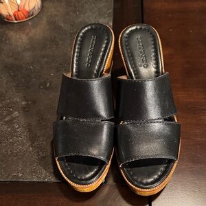 Bernardo Black Leather Slides with Tan Sole